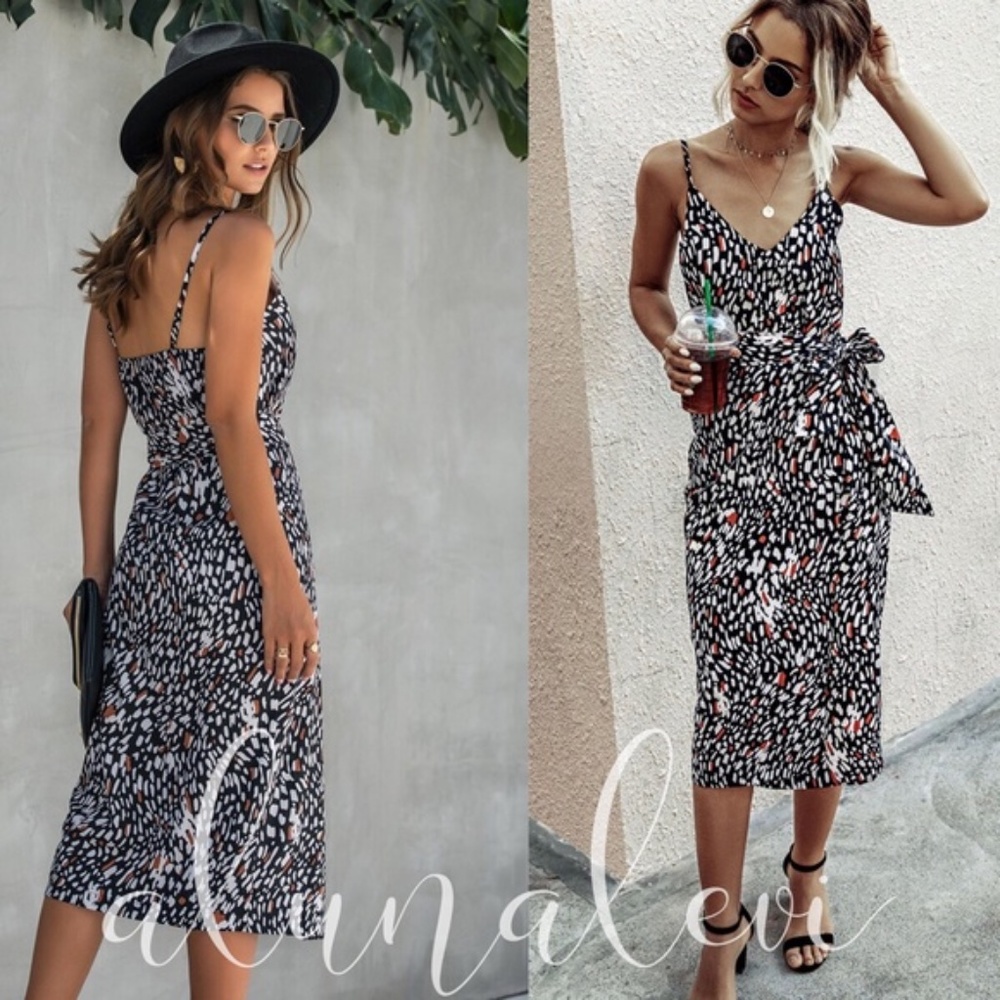 Print waist tie cami midi dress boho spring - Picture 2 of 3
